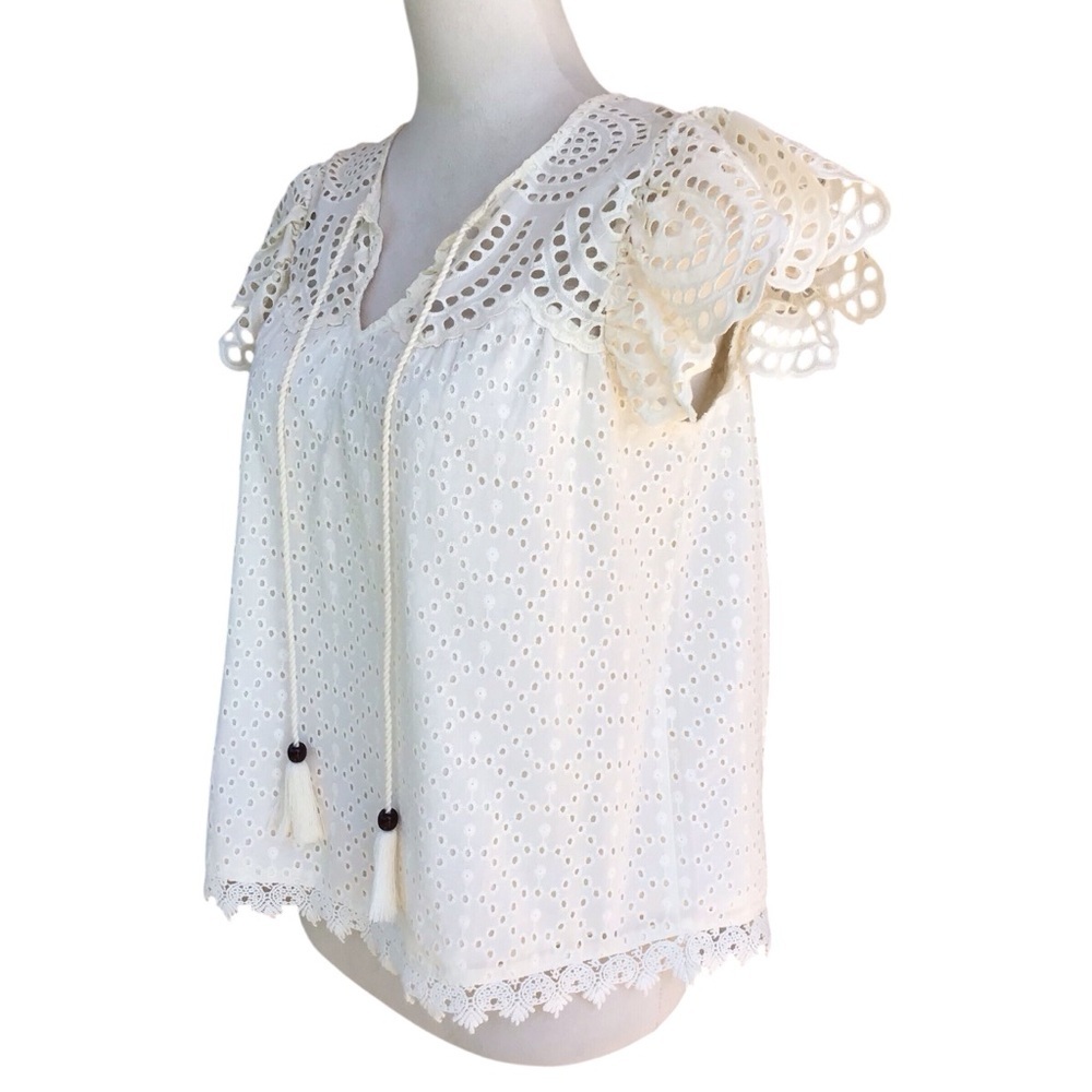 Jennifer & Grace Eyelet Crochet Trim Ruffle Sleeve Blouse in Cream - Picture 4 of 10
